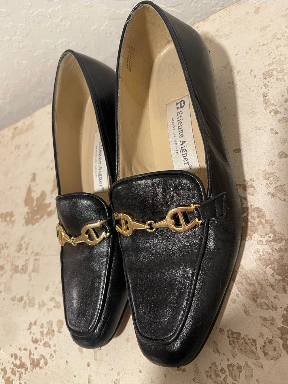 Etienne Aigner Black Leather Zoey Loafers with Gold Horsebit - Size 7